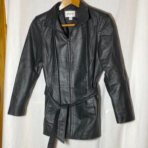 Vintage Y2K Worthington Black Leather, Mid-Length, Belted Coat  women size M